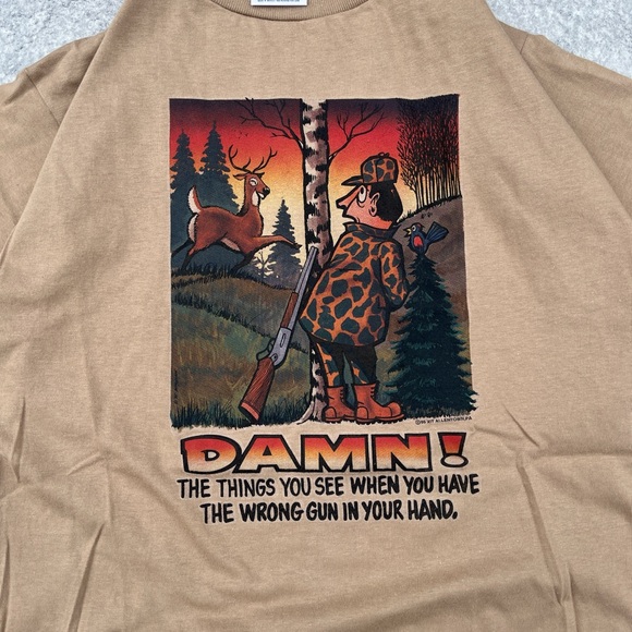 Vintage 90s Style Light Brown Funny Cartoon Hunting Gun Graphic Cotton T-Shirt - Picture 5 of 8